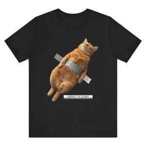 Funny Cat Graphic T-Shirt | “Embrace the Journey” Cat Tee | Black Shirt - L |